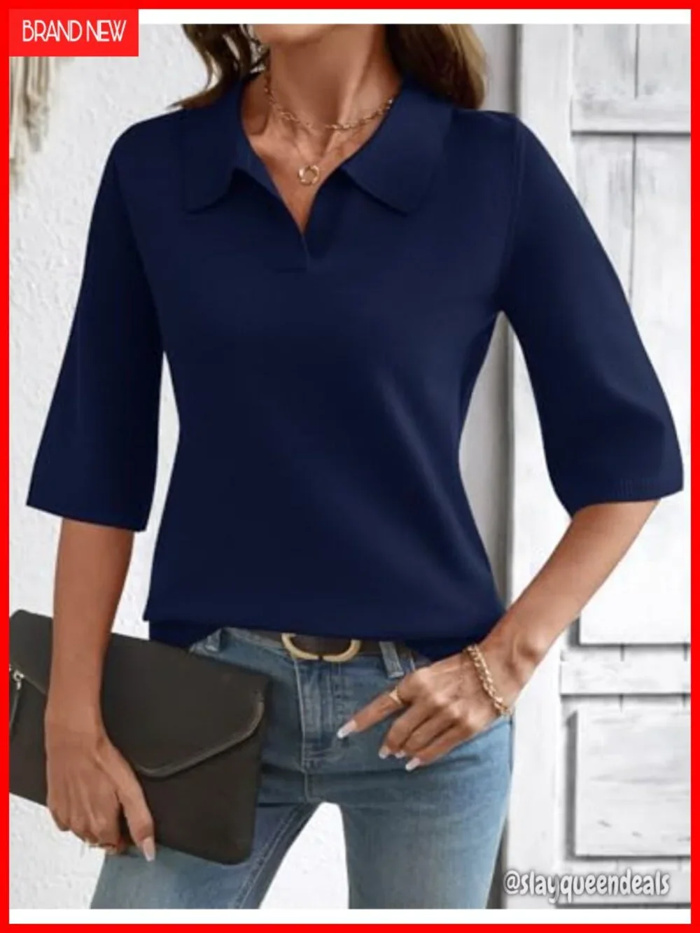 Women's Knit Polo Sweater with 3/4 Sleeve
